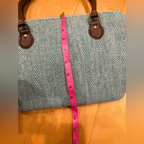 Harris Tweed Scotland wool small satchel bag turquoise blue - Picture 6 of 7